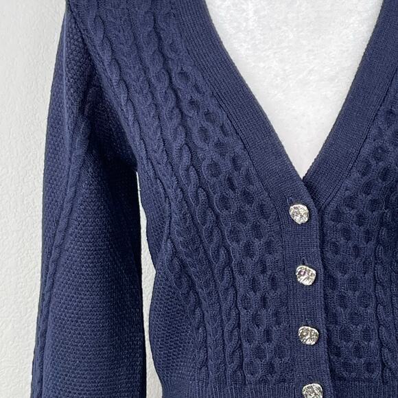 Elie Tahari Navy Blue Cable Knit V-Neck Cardigan Sweater NWT Medium - Picture 7 of 16